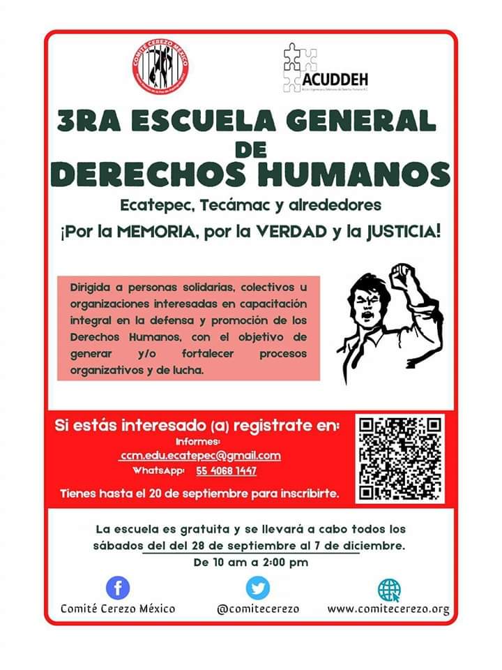 Tercera Escuela General de Derechos Humanos en #Ecatepec, #Tecamac y alrededores. 🌎
Puedes registrarte llenando el siguiente formulario forms.gle/WSmzCWufab7y6o… La escuela es presencial y totalmente gratuita. 🙂
<a href="/comitecerezo/">Comité Cerezo México</a>
<a href="/AcuddehM/">ACUDDEH_Mx</a>