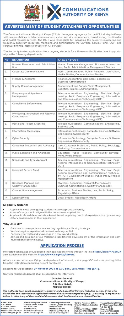 Exciting Student Attachment Opportunities!
Join us for a three (3)-month learning experience.
Interested? Apply via: bit.ly/47Cp8UX
Application deadline: 2nd October, 2024 at 5.00pm EAT
<a href="/CA_DGOfficial/">Director General</a> <a href="/marywambui_m/">Ms. Mary Mungai — CBS</a>