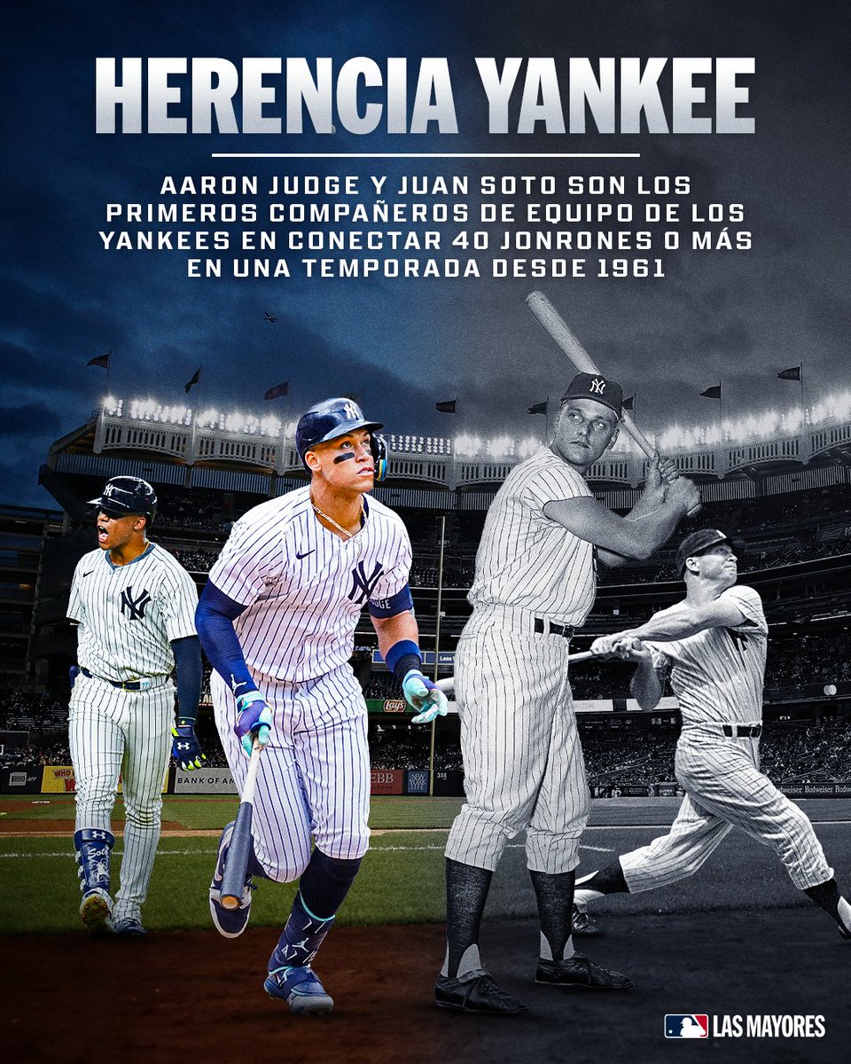 Con su su 40er jonrón del 2024, Juan Soto se convirtió junto a Aaron Judge en el primer dúo de los Yankees con mínimo de 40 HR en una temporada de #LasMayores desde 1961 (Roger Maris y Mickey Mantle).