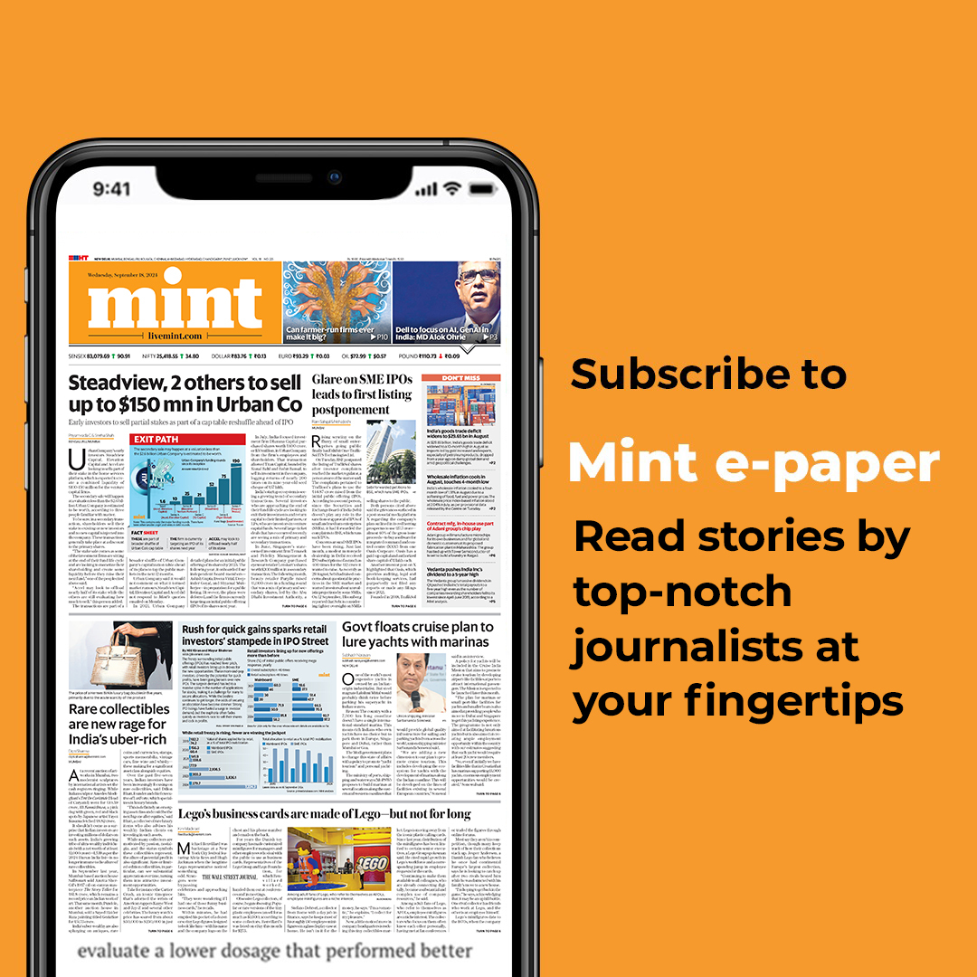 livemint's tweet photo. #Steadview, 2 others to sell up to $150 mn in Urban Co | Glare on SME #IPOs leads to first listing postponement | Govt floats cruise plan to lure yachts with marinas
Read today's Mint e-paper here: https://t.co/rLKV3D6H8S https://t.co/5y69Lsovts