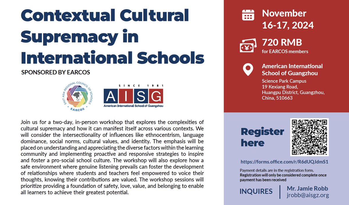 Cultural Contextual Supremacy in International Schools
Join us in exploring cultural supremacy &amp; its manifestation across various contexts. Register today to participate in fostering a pro-social school culture! <a href="/EARCOSORG/">EARCOS</a> 

bit.ly/AISGCulturalSu…
