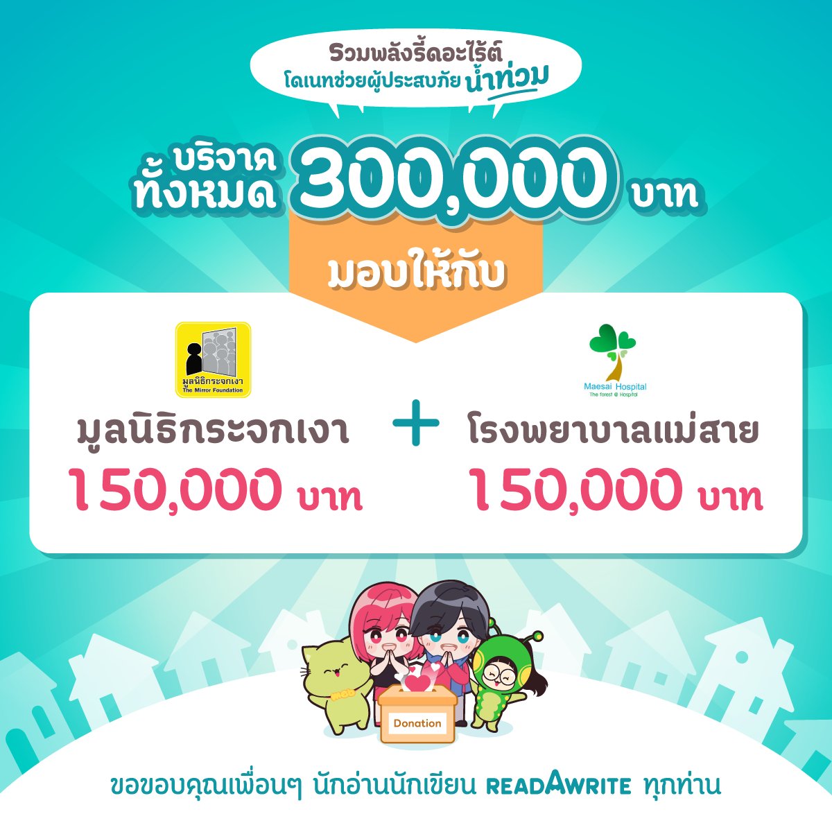readAwrite's tweet photo. #readAwriteDonationDay พลังเล็ก ๆ แต่เปี่ยมไปด้วยน้ำใจจากเพื่อนๆ ชาวรี้ดอะไร้ต์ที่มีอย่างล้นหลาม
ขณะนี้พี่รี้ดน้องไร้ต์ได้ส่งต่อความห่วงใยไปยังมูลนิธิกระจกเงา และ โรงพยาบาลแม่สาย เพื่อมอบความช่วยเหลือต่อไปเรียบร้อยแล้ว
ขอให้ผู้ประสบภัยทุกท่านปลอดภัย และสถานการณ์น้ำท่วมเบาบางลงในเร็ววัน ขอบคุณทุกท่านที่ร่วมเป็นส่วนหนึ่งในการแบ่งปันความรักและความห่วงใยให้แก่ผู้ประสบภัยไปด้วยกันค่ะ