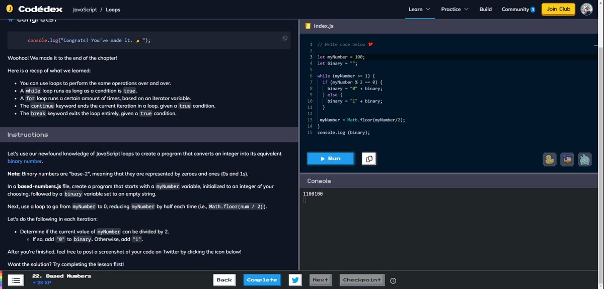 CaptanCanada64's tweet image. Based Numbers 🔢 #CodedexBasedNumbers #30NitesOfCode @codedex_io  Day 9: Finished loops.   Having it to spit out the binary was harder than expected. I kept forgetting to use capitals in the right spots. Also, my little guy evolved!!!!