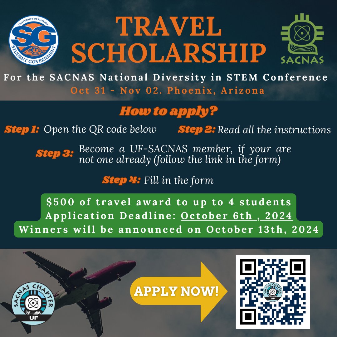 Hey UF Sacnitas!

If you want to participate in the SACNAS National Diversity in STEAM Conference in Phoenix/Arizona, don't miss the chance to apply for this travel scholarship.

Here is the link for the application: docs.google.com/forms/d/e/1FAI…

See you in Phoenix!! ✈
