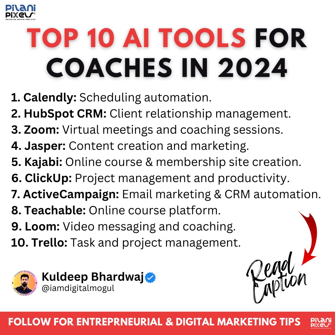 🚀 5 AI Tools For Coaches, Consultants, And Agency Owners 🚀

1️⃣ Calendly – Easy scheduling
2️⃣ HubSpot CRM – Master client management
3️⃣ Zoom – Virtual sessions done right
4️⃣ Jasper AI – Content creation made easy
5️⃣ Kajabi – Build &amp; sell courses

Let’s grow 🔥