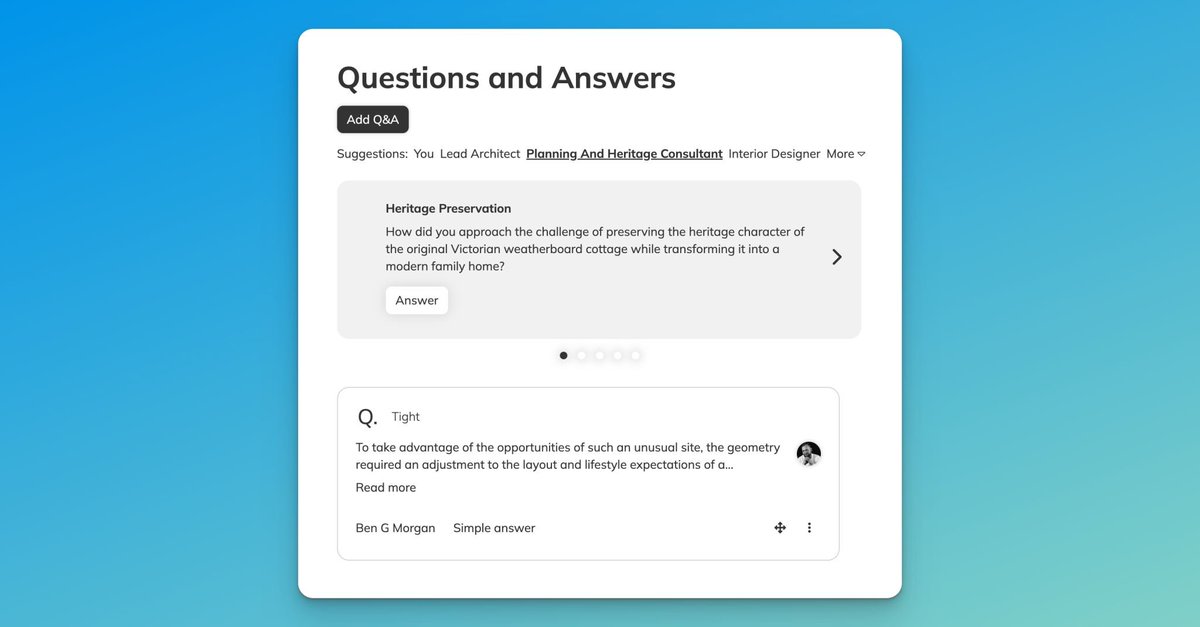 Example of BowerBird AI asking specific questions about an architecture project. 

It starts by suggesting people. Yes the architect is included, but more interesting suggestions we've seen are neighbours, the shop owner down the street, or a heritage consultant to give the