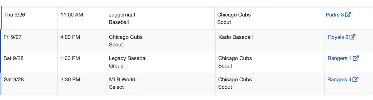 KadynM26's tweet image. My schedule for the 2024 Senior Fall Classic with the Socal Cubs Scout Team.
@AZFallClassic @SOCALCUBSBB