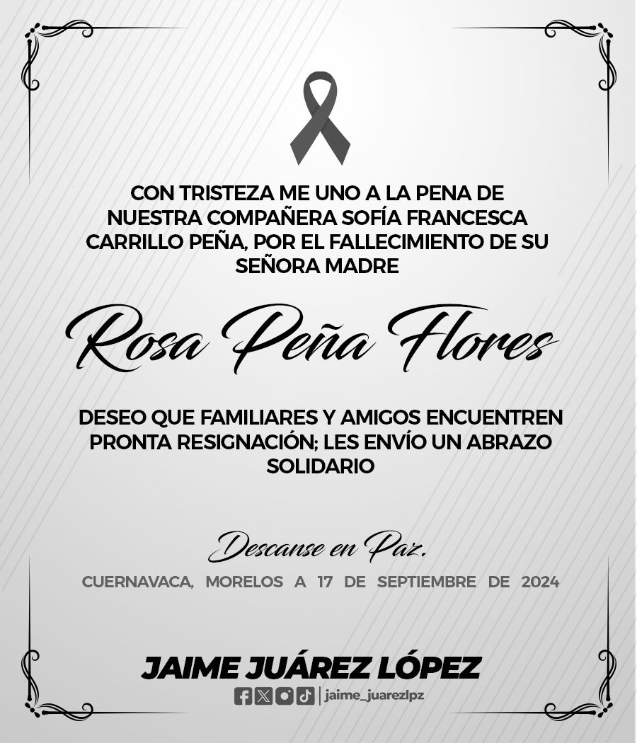 🕊️Siento profundamente la noticia del fallecimiento de la mamá de mi amiga Sofía F. Carrillo Peña. 

Sofi, sé que tu mami lo era todo para ti y tu famila, espero encuentren fortaleza ante esta irreparable pérdida, así como pronta resignación. 

Te llevo en mis oraciones y estoy