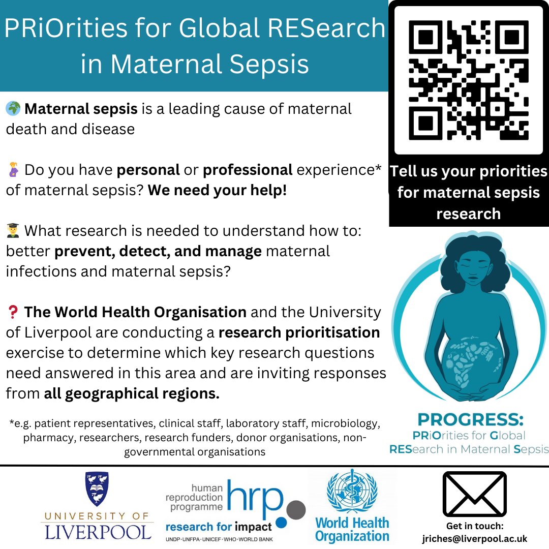 AlignMNH (@alignmnh) on Twitter photo What research is needed to understand how to better prevent, detect & manage maternal infections & #MaternalSepsis – a leading cause of maternal death & disease?
Complete a 10-minute survey to help <a href="/HRPresearch/">HRP</a> & <a href="/LivUni/">University of Liverpool</a> determine priorities for research: redcap.link/PROGRESS_Sepsis What research is needed to understand how to better prevent, detect & manage maternal infections & #MaternalSepsis – a leading cause of maternal death & disease?
Complete a 10-minute survey to help <a href="/HRPresearch/">HRP</a> & <a href="/LivUni/">University of Liverpool</a> determine priorities for research: redcap.link/PROGRESS_Sepsis
