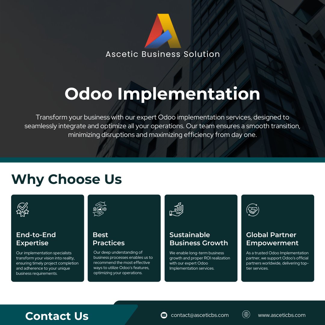 AsceticBs's tweet image. 🚀 Streamline Your Business with Expert Odoo Implementation Services! 💼
Contact us today to get started! 📧 asceticbs.com/contactus
#OdooImplementation #BusinessTransformation #BusinessGrowth #DigitalTransformation #OdooServices #AsceticBusinessSolutions