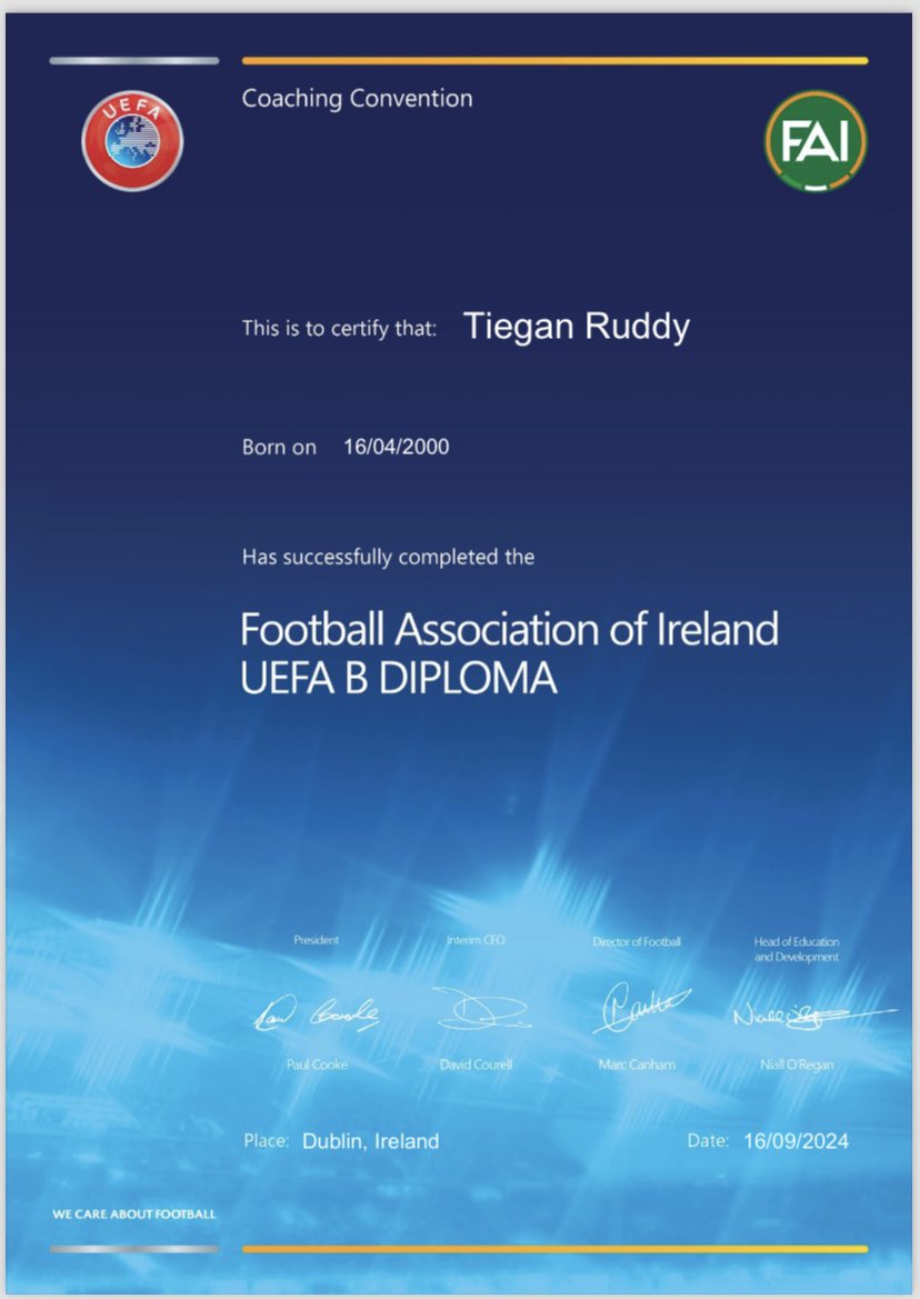 Tiegan Ruddy (@tieganruddy) on Twitter photo Delighted to receive my UEFA B!⚽️
A big thanks to <a href="/aoibhall/">Aoibh Hall</a> and <a href="/oleary_d1/">Danny OLeary</a> who have taught me a lot over the last year and been a great support!
Thank you <a href="/NiallORegan29/">Niall O Regan</a> for your continued help.
Looking forward to pushing on with my coaching and playing journey now!😁 Delighted to receive my UEFA B!⚽️
A big thanks to <a href="/aoibhall/">Aoibh Hall</a> and <a href="/oleary_d1/">Danny OLeary</a> who have taught me a lot over the last year and been a great support!
Thank you <a href="/NiallORegan29/">Niall O Regan</a> for your continued help.
Looking forward to pushing on with my coaching and playing journey now!😁