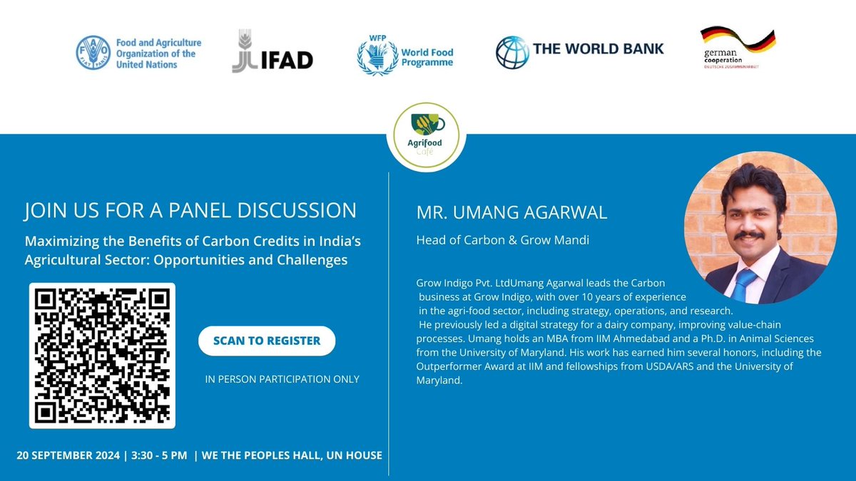 Register Now at bit.ly/3ZshNoO to join a panel discussion at the UN House on 20 Sep from 3:30 PM. Speakers will discuss the opportunities and challenges of carbon credits &amp; benefits they bring to India’s agricultural sector.

<a href="/WorldBankIndia/">World Bank India</a> <a href="/goldstandard/">Gold Standard</a> <a href="/GrowIndigo/">Grow Indigo</a>