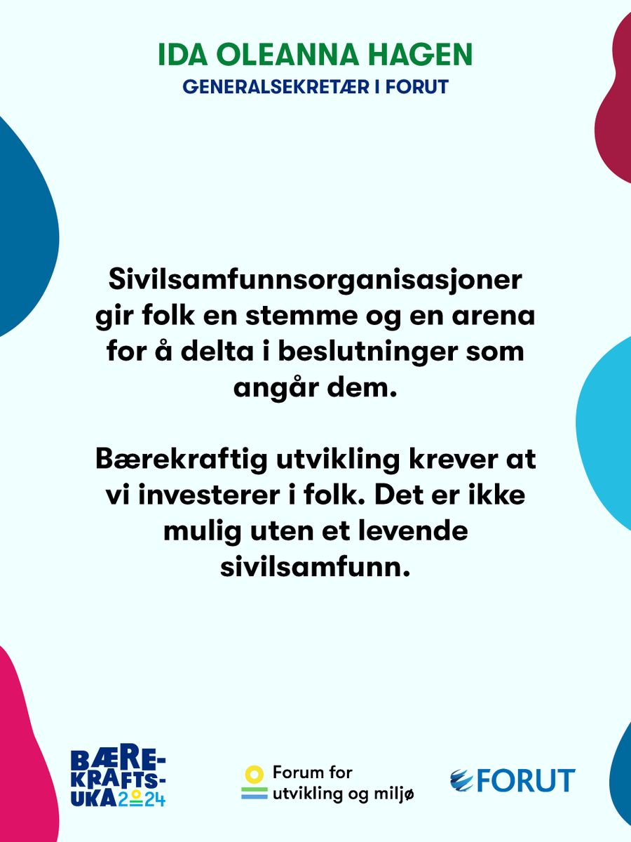 #BÆREKRAFTSUKA 2024 ✨

"Sivilsamfunnsorganisasjoner gir folk en stemme og en arena for å delta i beslutninger som angår dem.

Bærekraftig utvikling krever at vi investerer i folk. Det er ikke mulig uten et levende sivilsamfunn."

<a href="/OleannaIda/">Ida Oleanna Hagen</a>, generalsekretær i <a href="/FORUT_No/">FORUT</a>