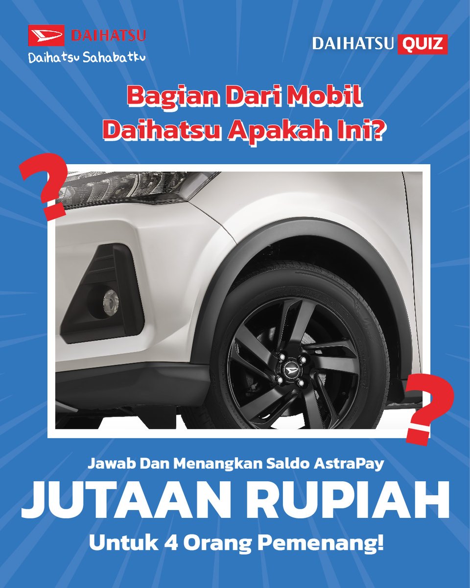 Daihatsu Indonesia (@daihatsuind) on Twitter photo Pilih jawaban yang bener, bakal ada total jutaan rupiah saldo Astrapay buat 4 orang!
Syaratnya:
Follow <a href="/DaihatsuInd/">Daihatsu Indonesia</a>
- Repost & LIKE tweet ini
- Reply jawaban sebanyaknya dengan hashtag #DaihatsuQuiz
Periode: 18-21 September 2024
Akun jangan digembok ๐
#DaihatsuSahabatku Pilih jawaban yang bener, bakal ada total jutaan rupiah saldo Astrapay buat 4 orang!
Syaratnya:
Follow <a href="/DaihatsuInd/">Daihatsu Indonesia</a>
- Repost & LIKE tweet ini
- Reply jawaban sebanyaknya dengan hashtag #DaihatsuQuiz
Periode: 18-21 September 2024
Akun jangan digembok ๐
#DaihatsuSahabatku