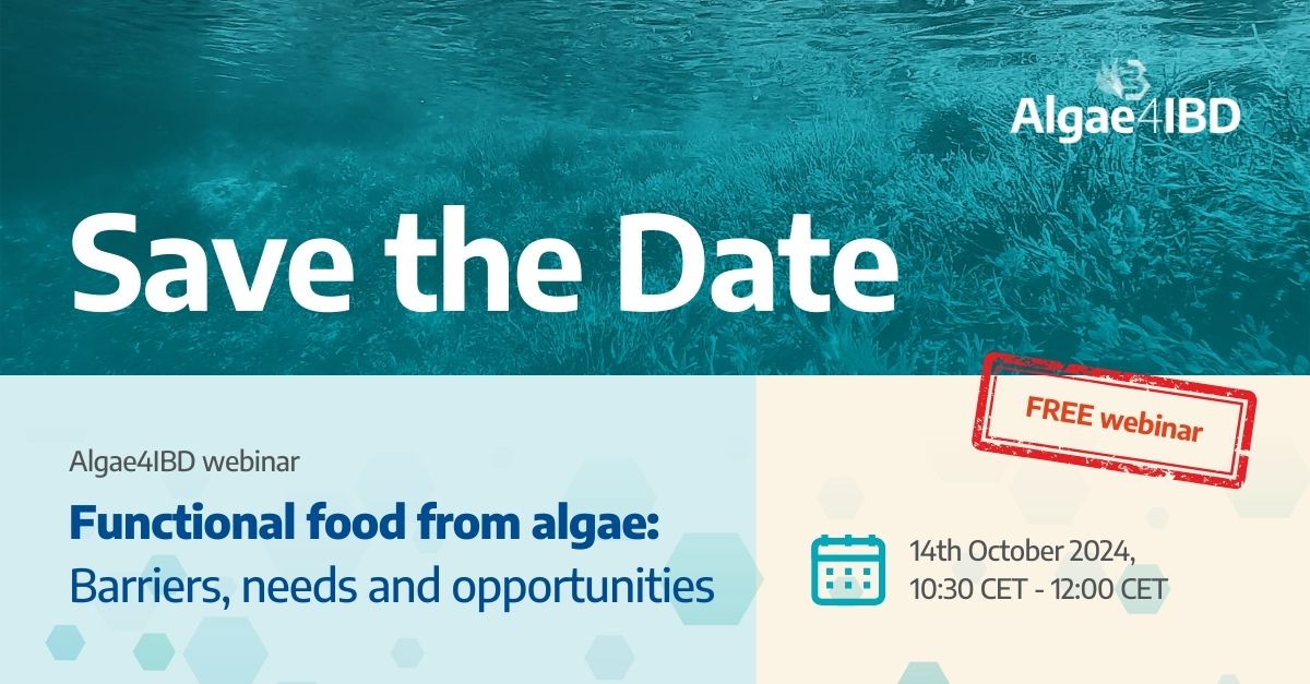 This webinar will bring together the algae &amp; #FoodIndustry  to explore the potential of functional food from algae

📅 14th Oct., 10:30 – 12:00 CET
💻 Online
💶 Free

Agenda &amp; registration will be released shortly. Follow us to stay up to date

More info
algae4ibd.eu/2024/09/17/fre…