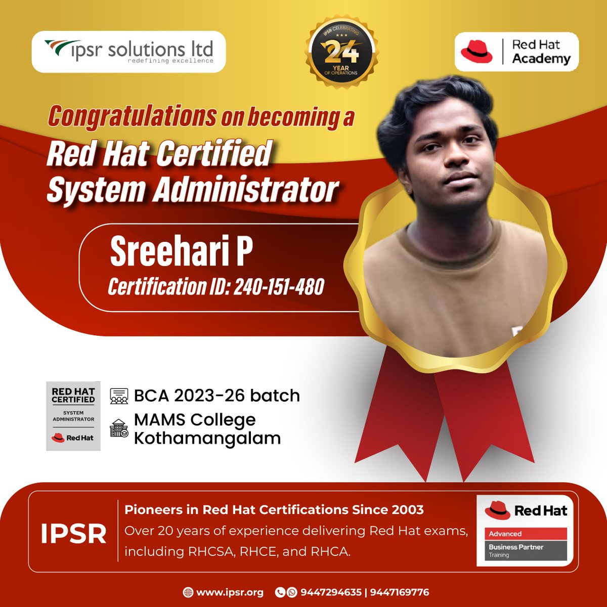 ipsr_solutions's tweet image. Heartiest Congratulations to the students of Marian Academy of Management Studies on achieving your RHCSA certification along with BCA degree!

We are proud of your achievements and look forward to seeing your future endeavors!

#24yearsofipsr #proudmoment #redhatlinux