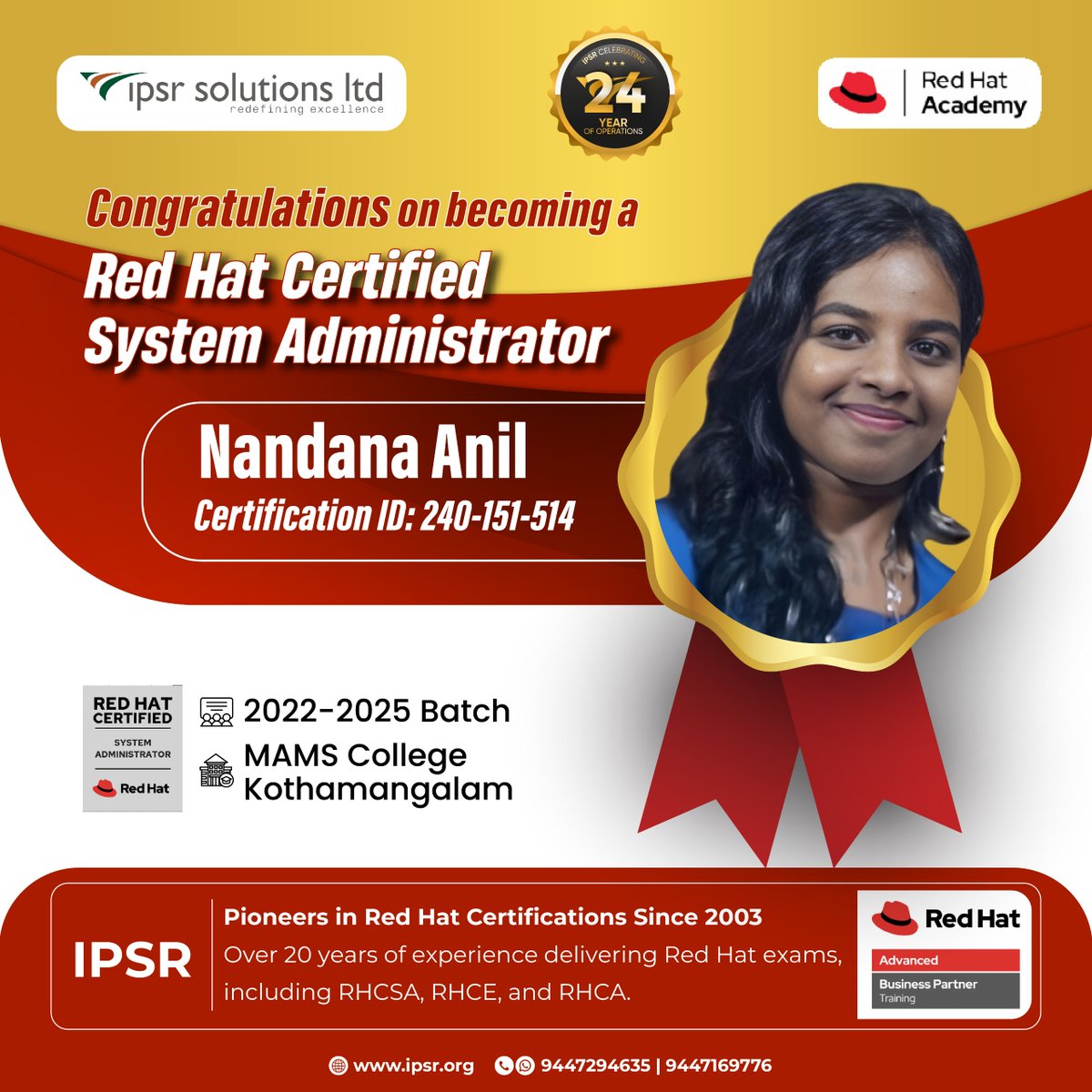 ipsr_solutions's tweet image. Heartiest Congratulations to the students of Marian Academy of Management Studies on achieving your RHCSA certification along with BCA degree!

We are proud of your achievements and look forward to seeing your future endeavors!

#24yearsofipsr #proudmoment #redhatlinux