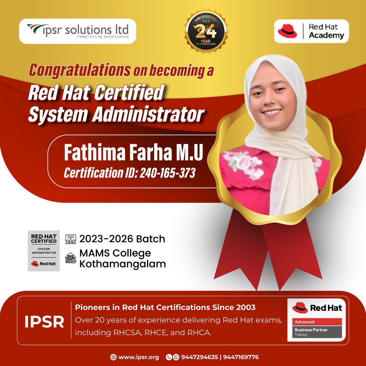 ipsr_solutions's tweet image. Heartiest Congratulations to the students of Marian Academy of Management Studies on achieving your RHCSA certification along with BCA degree!

We are proud of your achievements and look forward to seeing your future endeavors!

#24yearsofipsr #proudmoment #redhatlinux