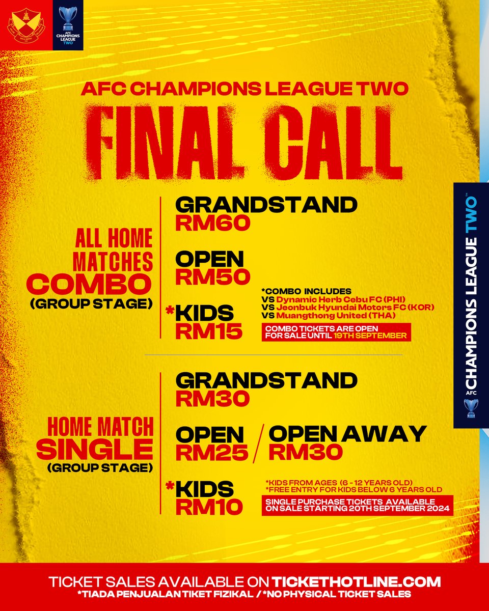 selangorfc's tweet photo. 🎟️ 𝐏𝐀𝐍𝐆𝐆𝐈𝐋𝐀𝐍 𝐓𝐄𝐑𝐀𝐊𝐇𝐈𝐑 𝐊𝐎𝐌𝐁𝐎 𝐓𝐈𝐊𝐄𝐓 𝐏𝐄𝐑𝐋𝐀𝐖𝐀𝐍𝐀𝐍 𝐀𝐂𝐋𝟐 (𝐇𝐎𝐌𝐄) 🏆

Jangan lepaskan peluang terakhir membeli tiket kombo bagi perlawanan-perlawanan 𝐇𝐎𝐌𝐄 Kejohanan Liga Juara-Juara Asia 2 (ACL2) yang bakal bermula tidak lama lagi.

Untuk makluman, penjualan tiket kombo akan diberikan keutamaan dan promosi yang berlangsung ini dilanjutkan sehingga esok, 19 September 2024, berakhir jam 𝟏𝟏 𝐌𝐀𝐋𝐀𝐌. Penjualan tiket kombo ini juga adalah TERHAD.

Selepas tamat tempoh promosi kombo ini, penjualan tiket 𝐇𝐎𝐌𝐄 akan dibuka seperti biasa pada minggu perlawanan 🙌

🎟️ Pembelian tiket kini dibuka dan boleh dibeli menerusi https://t.co/MspowdXG3w SAHAJA kerana tiada penjualan tiket secara fizikal. Harap maklum ❤️💛

#SFC #MKLK
#MerahKuning #LambangKebanggaan