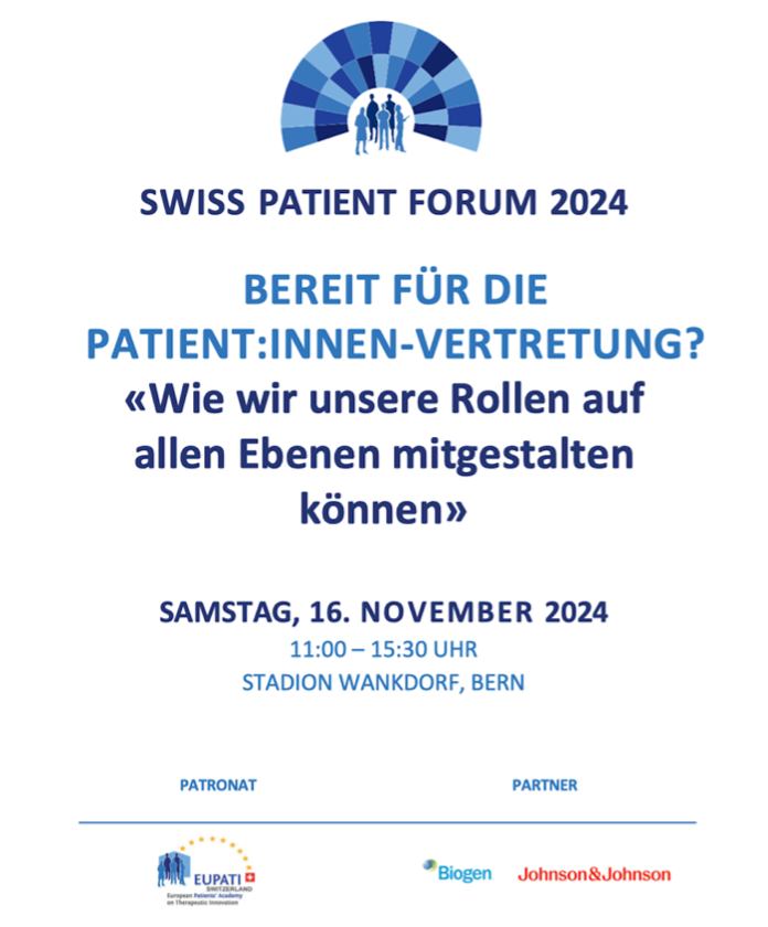 Jetzt anmelden: Am SA, 16.11.2024 findet das Swiss Patient Forum in Bern statt. Thema: „Bereit für die Patientinnen-Vertretung?“. Zeitgleich findet auch das 1. Schweizer PPIE Symposium statt. Weitere Infos &amp; Anmeldung auf eupati.ch.

#EUPATI #SwissPatientForum #PPIE