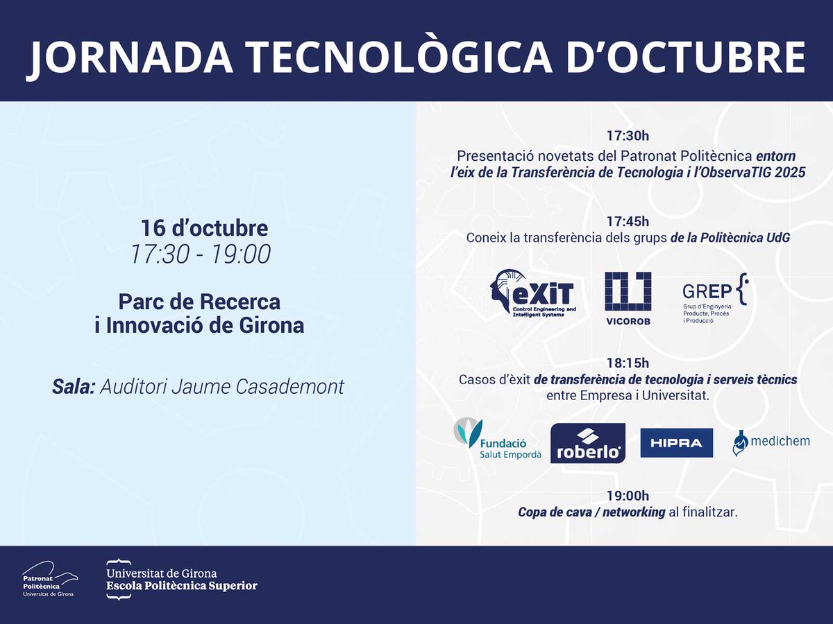 Ens plau convidar-vos a la nostra jornada tecnològica aquest mes d’octubre! Un esdeveniment clau per continuar promocionant i impulsant la transferència entre institucions, empreses i universitats.