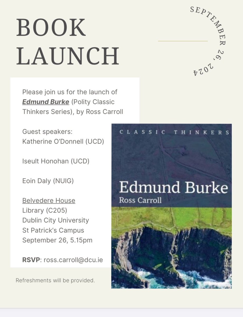 If you’re in Dublin and like political thought then come to the launch of my book on Edmund Burke <a href="/DCU/">Dublin City University</a> St Pats campus on Sept. 26th. <a href="/IHonohan/">Iseult Honohan</a>, Katherine O’Donnell and <a href="/eoinmauricedaly/">Eoin Daly</a> have kindly agreed to tell me what I got wrong. Full details 👇 DM me if you want to join us.