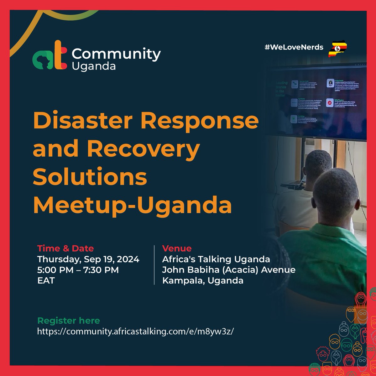 📢 You're Invited!

Join us tomorrow Sept 19th, 5:00–7:30 PM at Africa's Talking Offices, Kampala, for the Disaster Response and Recovery Solutions Meetup.
Free entry—Register here: community.africastalking.com/e/m8yw3z/
Let's build resilient disaster response systems together!
🤝 #BuildWithAT