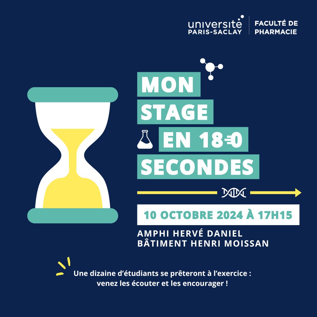 Faculté Pharma UPSaclay (@pharma_upsaclay) on Twitter photo Le 10 octobre 2024, une dizaine d'étudiants de la Faculté de Pharmacie de l'<a href="/UnivParisSaclay/">Université Paris-Saclay</a> présenteront leur stage en 180 secondes !
Lien d'inscription : forms.office.com/e/YDAeyyBupH Le 10 octobre 2024, une dizaine d'étudiants de la Faculté de Pharmacie de l'<a href="/UnivParisSaclay/">Université Paris-Saclay</a> présenteront leur stage en 180 secondes !
Lien d'inscription : forms.office.com/e/YDAeyyBupH