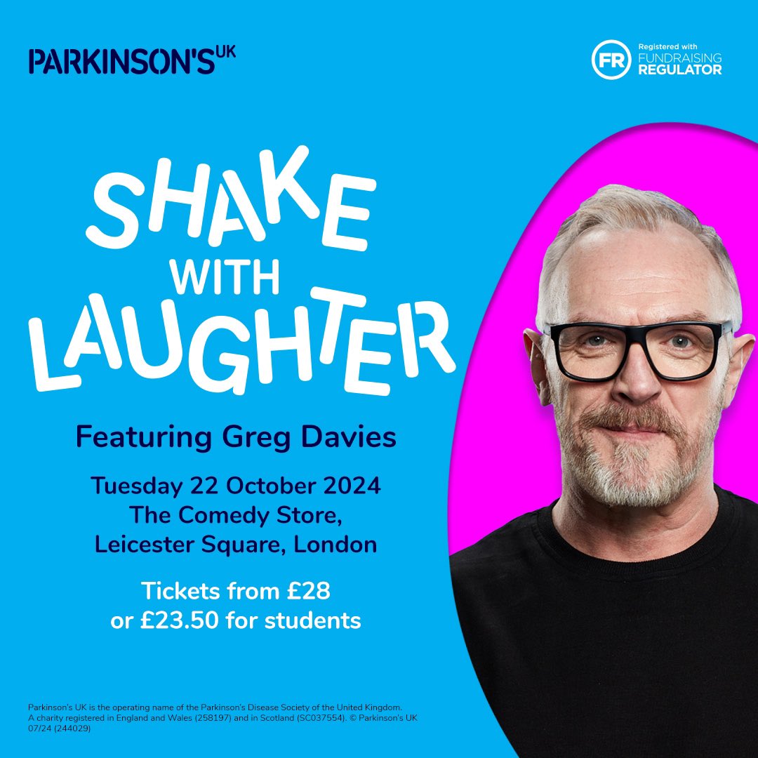 Parkinson's UK flagship comedy night, Shake with Laughter, is back at the Comedy Store for another fantastic night of laughs.
We'll be joined by the incredible Greg Davies with Gbemi Oladipo (MC), Phil Jerky, Jenny Collier and more acts to be announced soon.