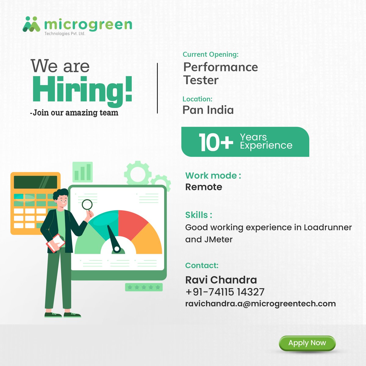 MicrogreenTech1's tweet image. 📢 Hirings at Microgreen.!!! Microgreen Tech is looking for Performance Testers. If you&apos;ve all the mentioned skills, you are an inch closer in getting this job.

Submit your resume to: ravichandra.a@microgreentech.com
or contact us at +91 74115 14327

#performancetester #jmeter