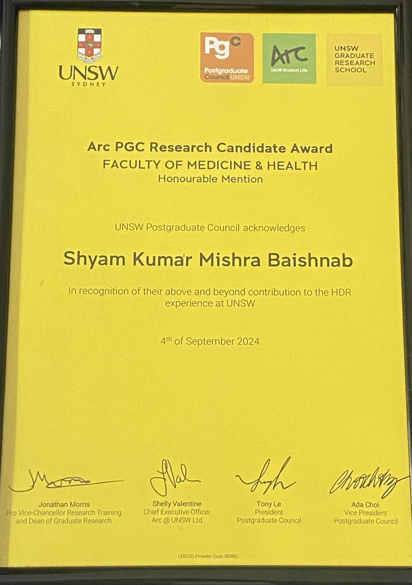 Delighted to receive ARC Research Candidate Award - Special Mention at 
#UNSW #UNSWMedicine #UNSWoptomvsci #research #PhD #phdlife