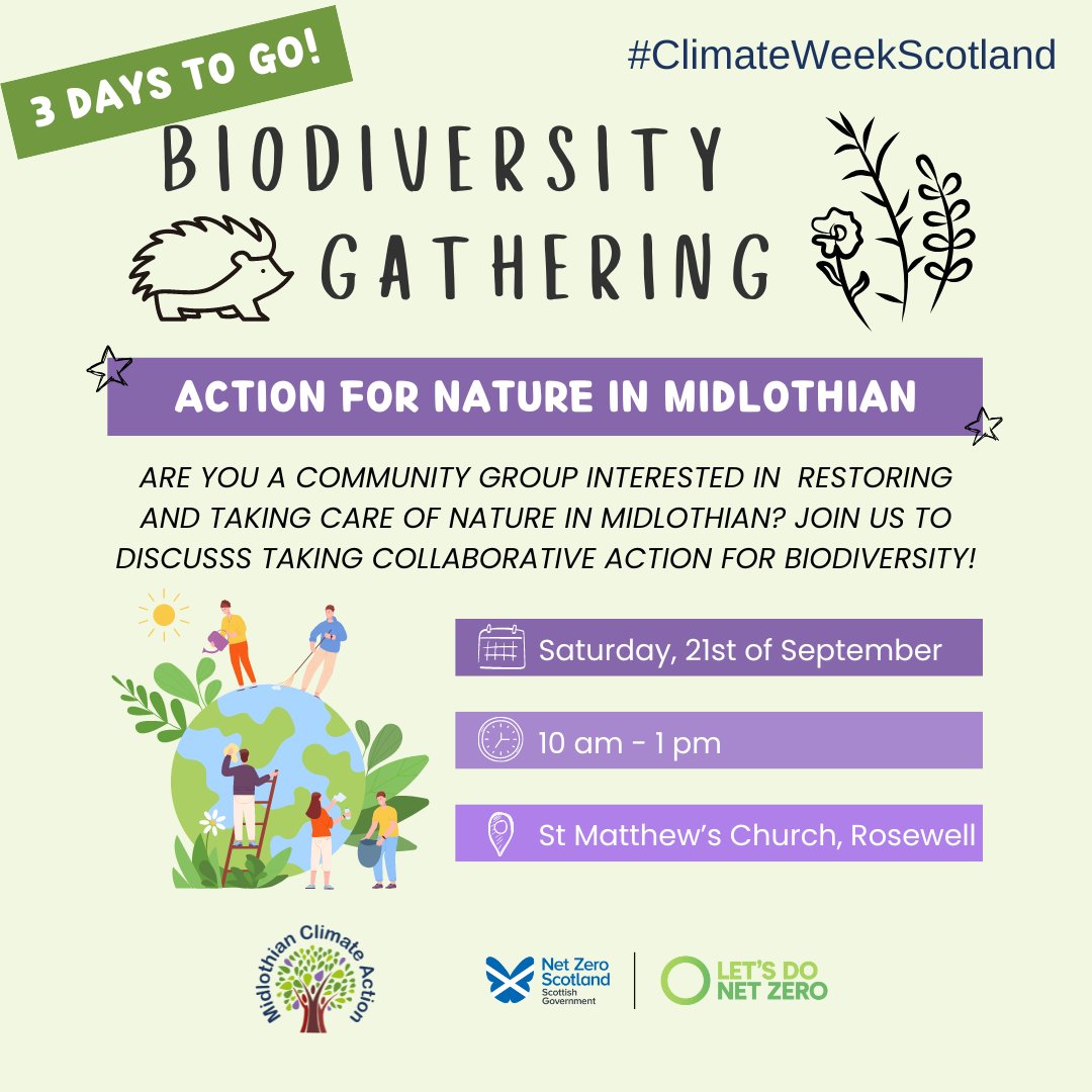 MidlothianCAN's tweet image. 🐝🐛3 DAYS TO GO!🌻

Are you a community group interested in taking collaborative action for biodiversity for Midlothian? Join us this #climateweekscotland

📅Sat, 21st Sep
🕒10am-1pm
🗺 St. Matthew&apos;s Church, Rosewell

Register here: eventbrite.com/e/action-for-b…

#ClimateWeek2024