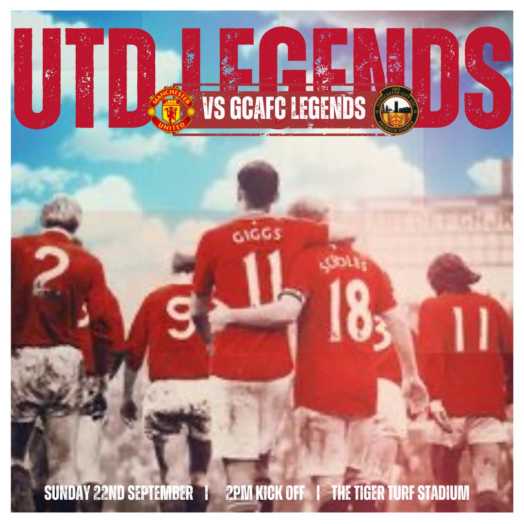THIS SUNDAY! 😍
.
Manchester United Legends v Gloucester City AFC Legends | 👹🐯
.
The Theatre of Dreams meets the the Theatre of Shipping Containers as Manchester United are coming to the Tiger Turf Stadium THIS September! 👏🏼 Line-ups to be announced 🔜 
.
Secure your tickets