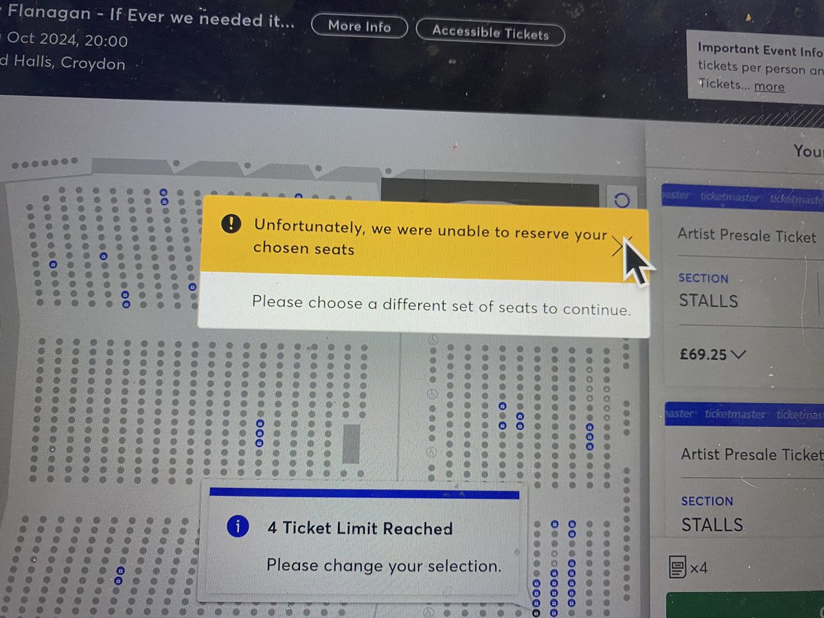 emmapryermedia's tweet photo. @TicketmasterCS Three attempts and three messages all saying the same while I have four tickets sat in my basket https://t.co/O1pkk6qNsi