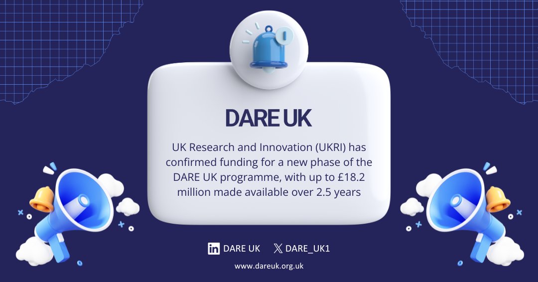 📢 We are thrilled to announce that we have confirmed up to £18.2m in new funding from UK Research and Innovation for Phase 2 of the #DAREUK programme!

Starting this month, DARE UK Phase 2, which will run for two and a half years, will test and build new capabilities for a