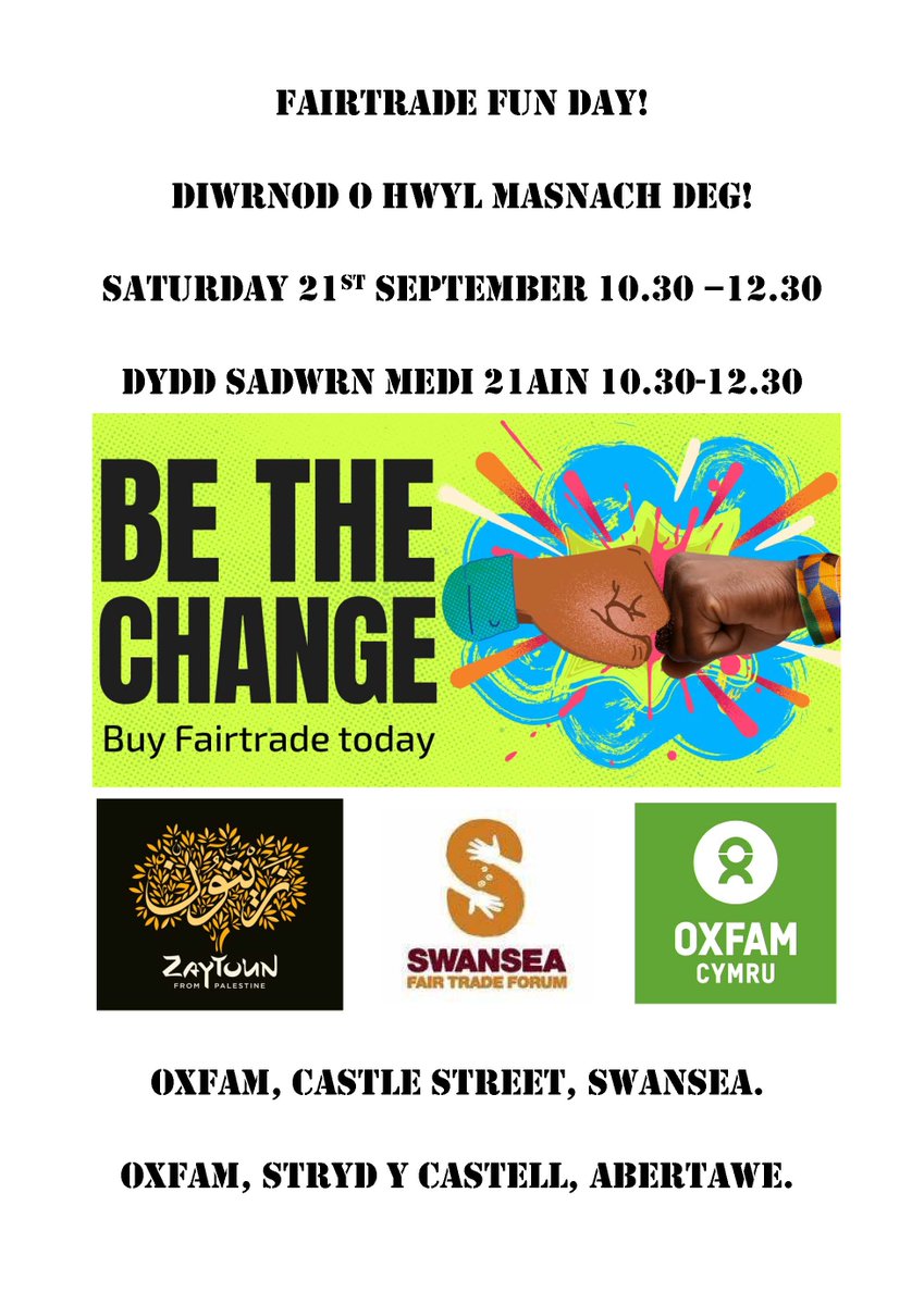 Free samples of <a href="/Zaytoun_CIC/">Zaytoun</a> Palestinian dates, and #fairtrade bananas and chocolates!
Help us create and decorate an A-Z of Fairtrade!
Dress up as a Giant Fairtrade Banana! ... and more!!
Fairtrade Fun Day in #Swansea Castle Street #OXFAM!
#FairtradeFortnight