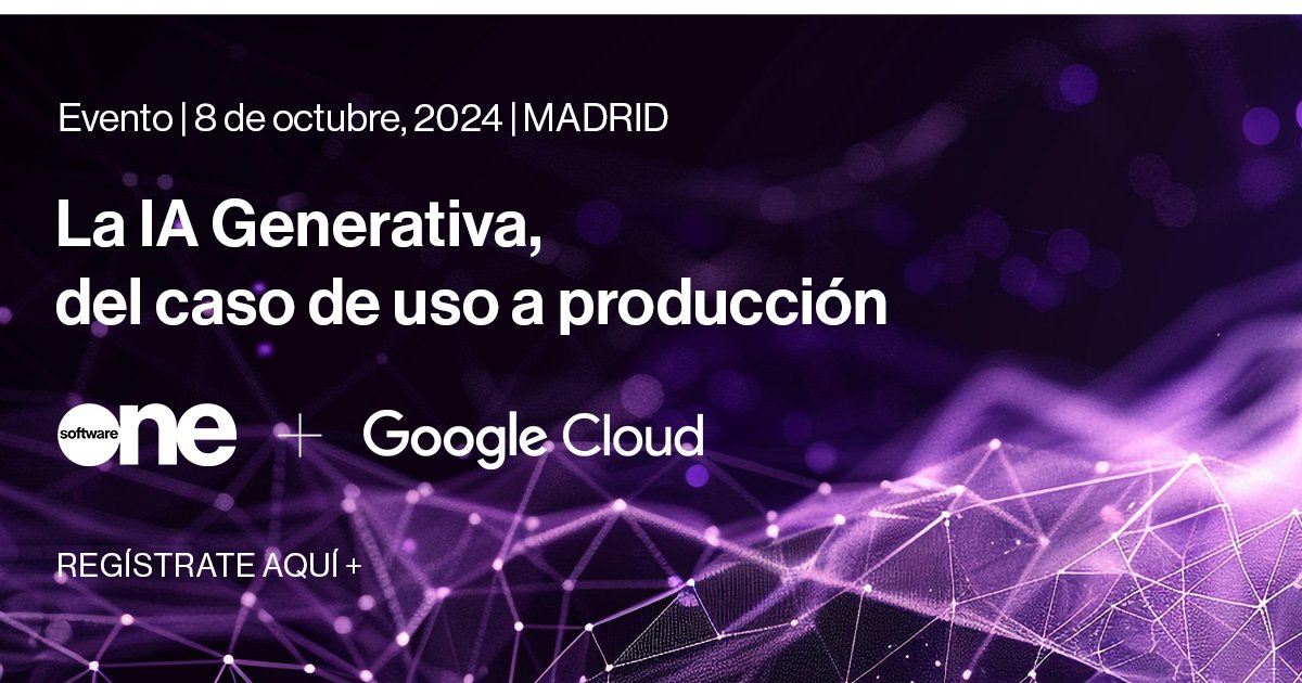 SoftwareOne_ES's tweet image. @SoftwareOne_ES y @googlecloud te invitan a su próximo #evento el día 8 de Octubre en la Torre Picasso de #Madrid, donde descubrirás el futuro de la #InteligenciaArtificial. En este evento, te mostraremos cómo poner en marcha #aplicaciones de #IA de manera #rápida y #sencilla.