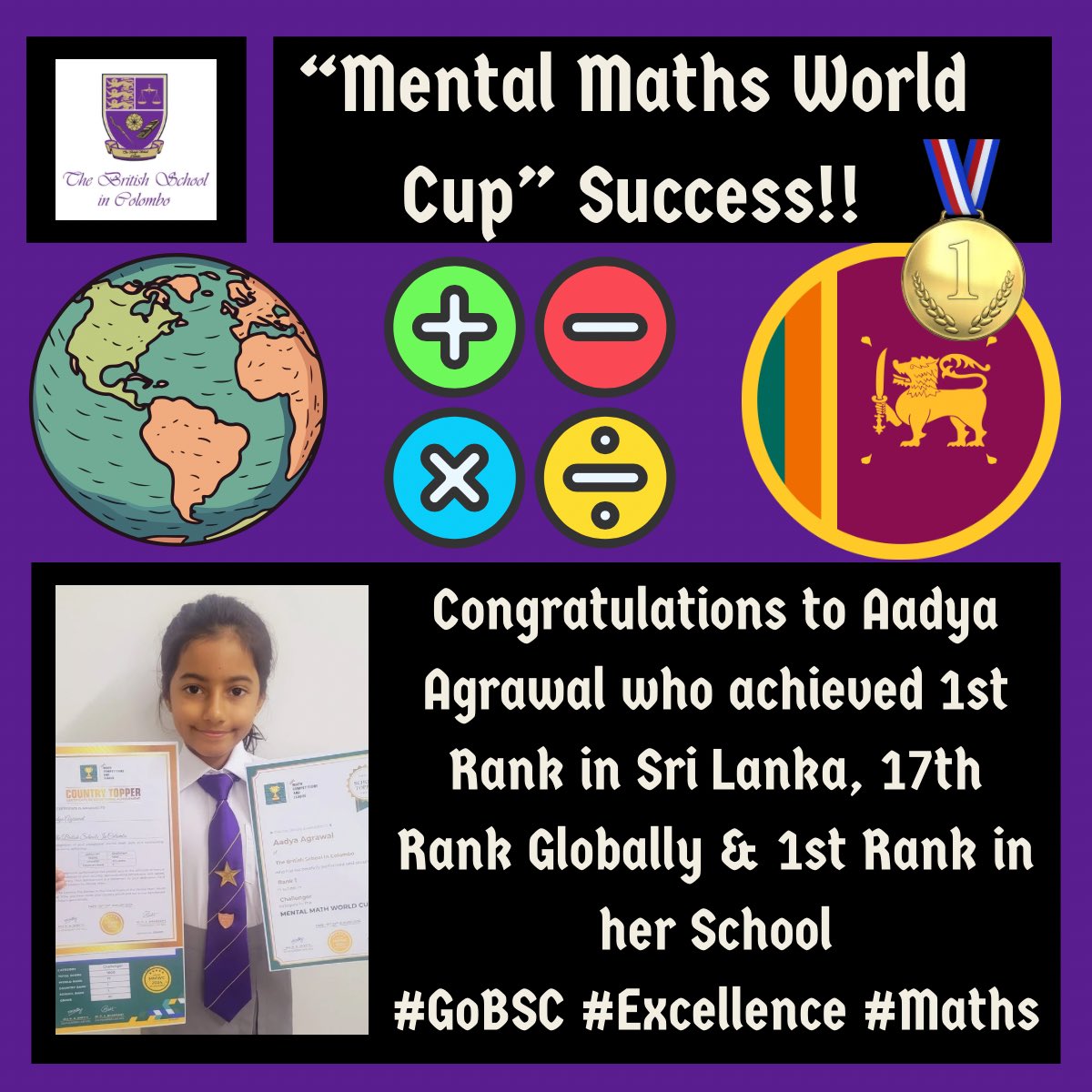 BSColomboLK's tweet photo. Congratulations to Aadya Agrawal from 4D for her outstanding achievement at the Mental Maths World Cup 2024 for the Second Consecutive Year.

Congratulations Aadya!!!!!
#GoBSC #Excellence #Maths https://t.co/HVeZBbmIHB