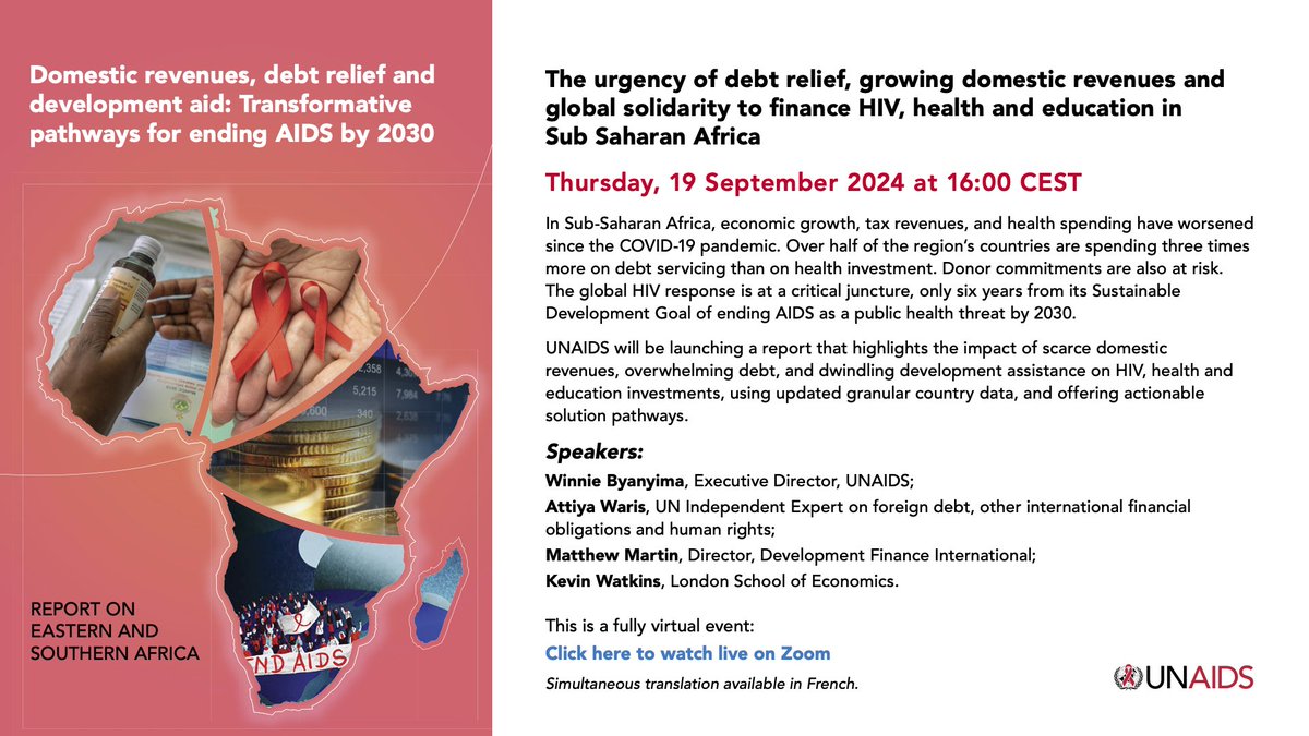 The debt crisis is choking sub-Saharan Africa, leaving health &amp; HIV services underfunded. 

Join the launch of our report on how scarce revenues, debt, and dwindling aid impact HIV, health, and education investments on 19 Sept 2024 at 4pm CET. 

Register: zoom.us/j/94685745954?…