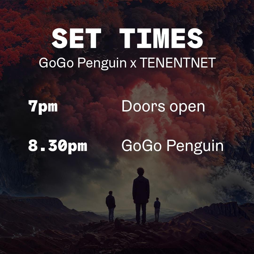 GoGo Penguin (@gogo_penguin) on Twitter photo 🕖 SET TIMES - APOPHENIA 🕖
📆 Wed 18 Sept <a href="/factoryintl/">Factory International</a>
Curfew is 10:30pm.
Please note: Bags above the size of an A4 sheet of paper will not be allowed into the venue & MCR City are playing so public transport may be busier than normal tonight…
🔗 factoryinternational.org/whats-on/gogo-… 🕖 SET TIMES - APOPHENIA 🕖
📆 Wed 18 Sept <a href="/factoryintl/">Factory International</a>
Curfew is 10:30pm.
Please note: Bags above the size of an A4 sheet of paper will not be allowed into the venue & MCR City are playing so public transport may be busier than normal tonight…
🔗 factoryinternational.org/whats-on/gogo-…