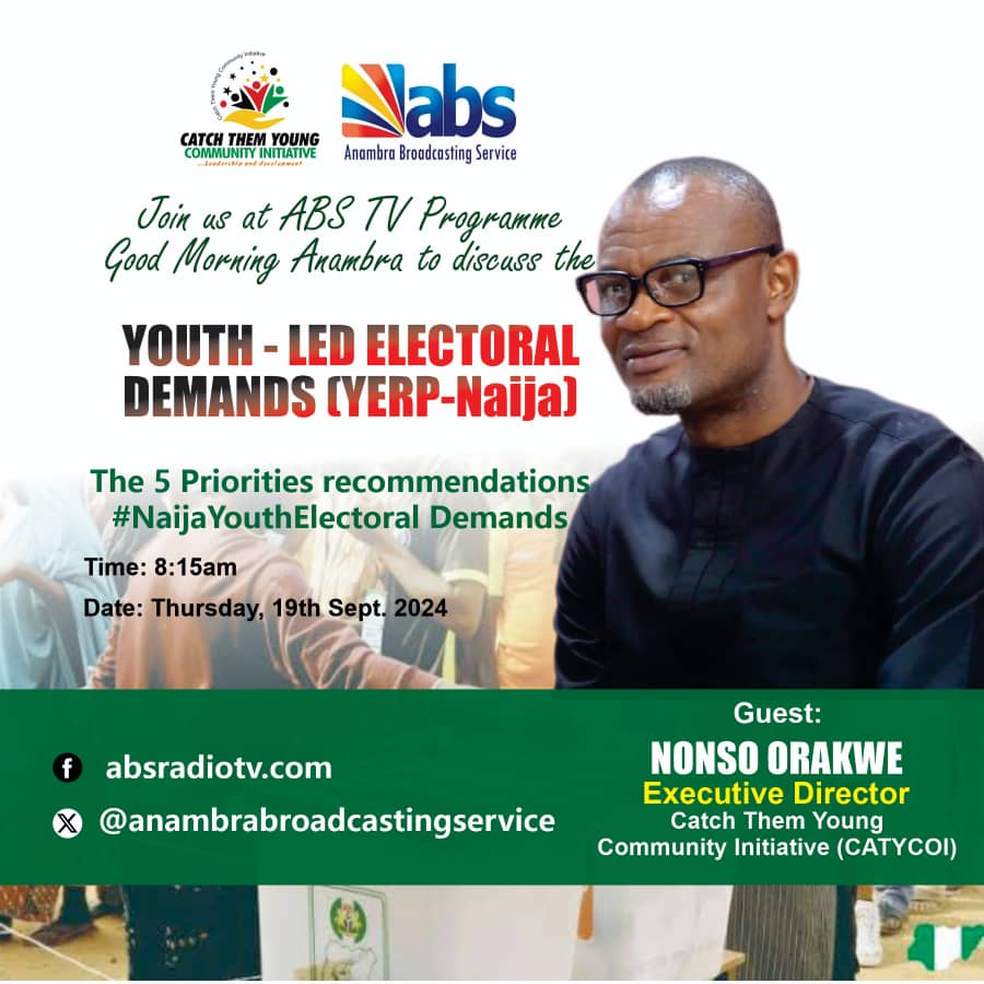 Join us on ABS TV as we speak on the top 5 priorities recomendatuom for electoral reform in nigeria. 

It is going to be am impacting section. Let's make change together!

#NaijaYouthElectoralDemands
#AnambraYouthAdvocates
