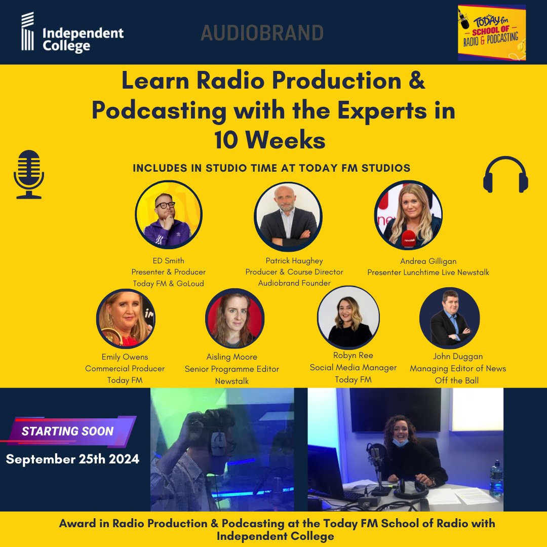 The  next <a href="/TodayFM/">Today FM 💛</a> School of Radio and Podcasting starts on Sept 25th 2024 and places are filling up fast. Each of the 10 modules is led by producers, presenters, engineers, and content creators working in Today FM and <a href="/NewstalkFM/">NewstalkFM</a> 📻 🎙 🎧 

Join here 👉 independentcollege.ie/courses/diplom…