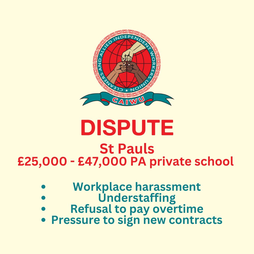 CAIWU (@caiwuunion) on Twitter photo π¨ DISPUTE π¨
Cleaners at <a href="/StPaulsSchool/">St Paul's School</a>, a *Β£25k β Β£47k PA* private school, face workplace harassment, refusal to pay overtime, understaffing and more.
We demand our members are treated fairly and with the respect they deserve.
#endoutsourcing #justiceforcleaners π¨ DISPUTE π¨
Cleaners at <a href="/StPaulsSchool/">St Paul's School</a>, a *Β£25k β Β£47k PA* private school, face workplace harassment, refusal to pay overtime, understaffing and more.
We demand our members are treated fairly and with the respect they deserve.
#endoutsourcing #justiceforcleaners