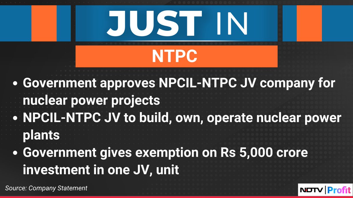 NDTVProfitIndia's tweet image. Government approves #NPCIL-NTPC JV company for #NuclearPower projects.

For the latest news and updates, visit: ndtvprofit.com