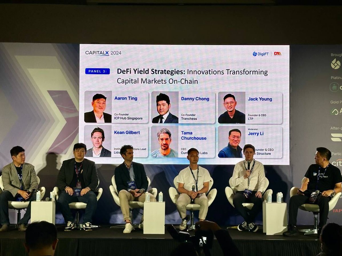 <a href="/jerrywcli/">jerrywcli</a> Had a great time to be part of the panel discussing DeFi Yield Strategies alongside amazing folks like <a href="/AaronTing8/">Pengu Aaron | Network School | ∞ᛤ🐧</a>, Danny Chong (<a href="/Tranchess/">Tranchess</a>), Jack Yang (<a href="/LTP_primebroker/">LTP _ Digital Asset Prime Broker</a>), Kean Gilbert (<a href="/LidoFinance/">Lido</a>), and Tama Churchouse (@CumberlandLabs). Excited for what's to come!