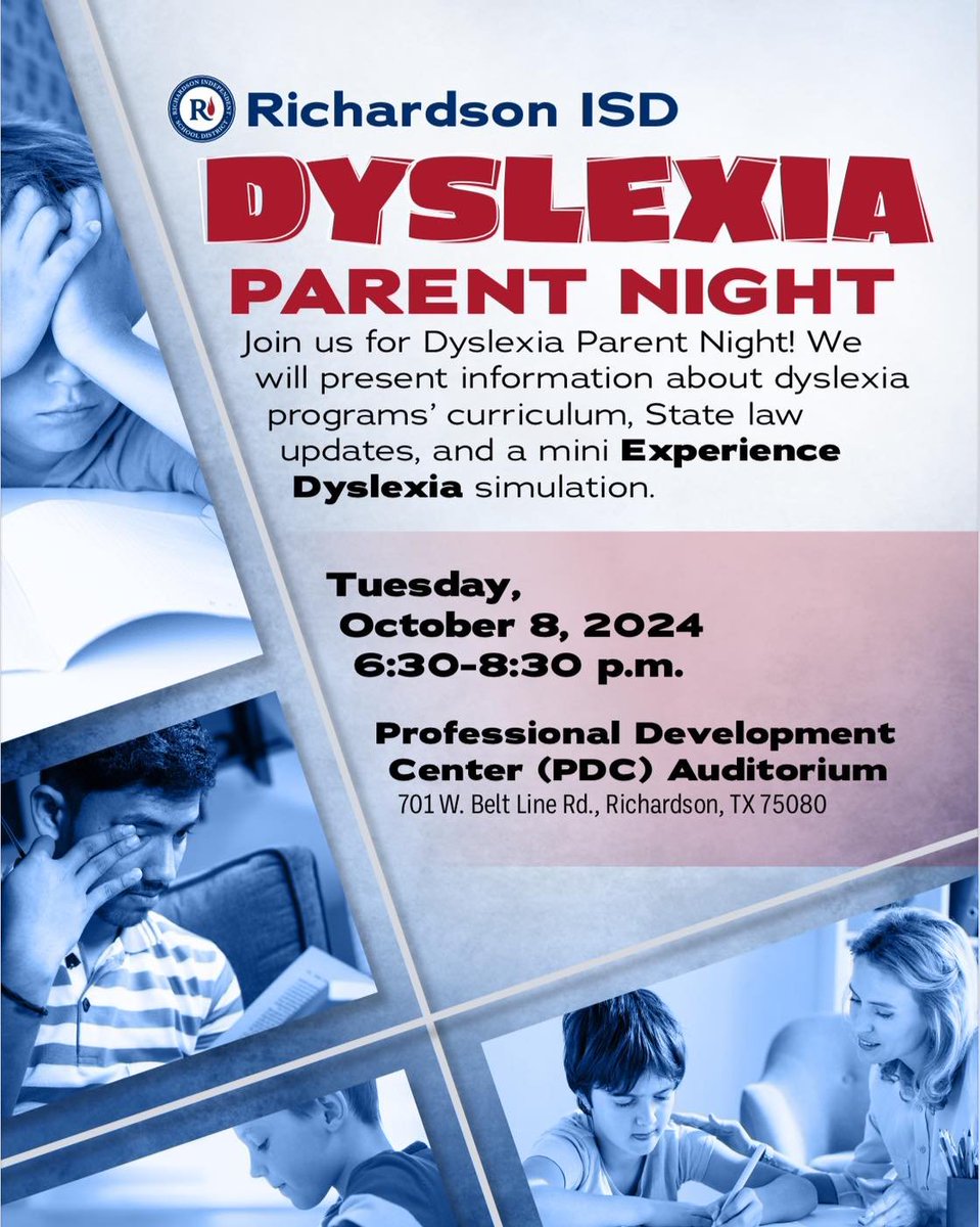 Families of students with dyslexia: please see below for an incredible opportunity from Richardson ISD Dyslexia Services!  Help spread the word!
#RISDBeTheOne #UnderstandingDifferences #EveryChildOneVoice #DyslexiaAwareness