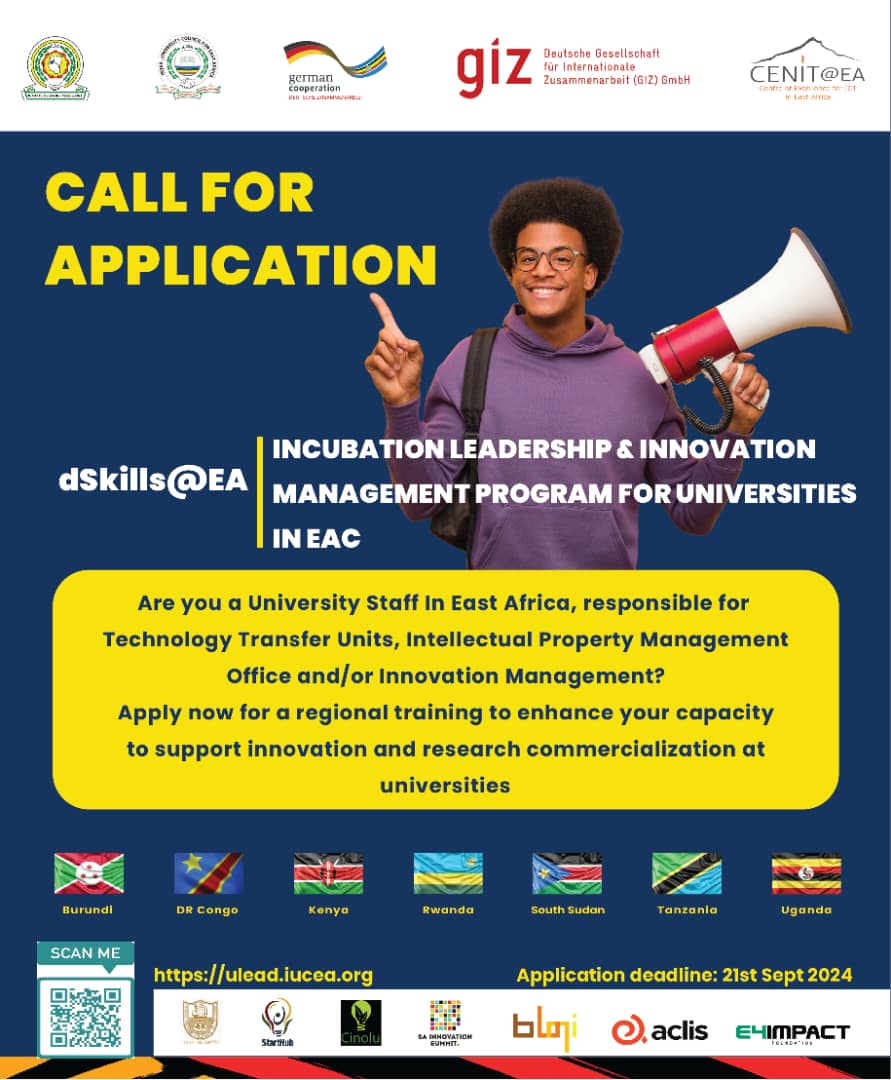 Attention all Innovation Managers and Intellectual Property Management Officers from universities in  #EastAfrica.
Apply now for a game-changing capacity-building program!👉forms.gle/crrntcE31k3CbY… or scan the QR Code.
#Burundi #Kenya #Rwanda #SouthSudan #Tanzania #Uganda #DRC