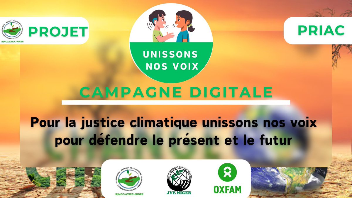 Campagne "Unissons Nos Voix"
#messagedujour 🌍 Pour la justice climatique, unissons nos voix ! ✊🏽Ensemble, nous avons le pouvoir d'agir pour protéger notre planète et garantir un avenir meilleur pour les générations futures. #UnissonsNosVoix #JusticeClimatique <a href="/OxfamauNiger/">Oxfam au Niger</a>