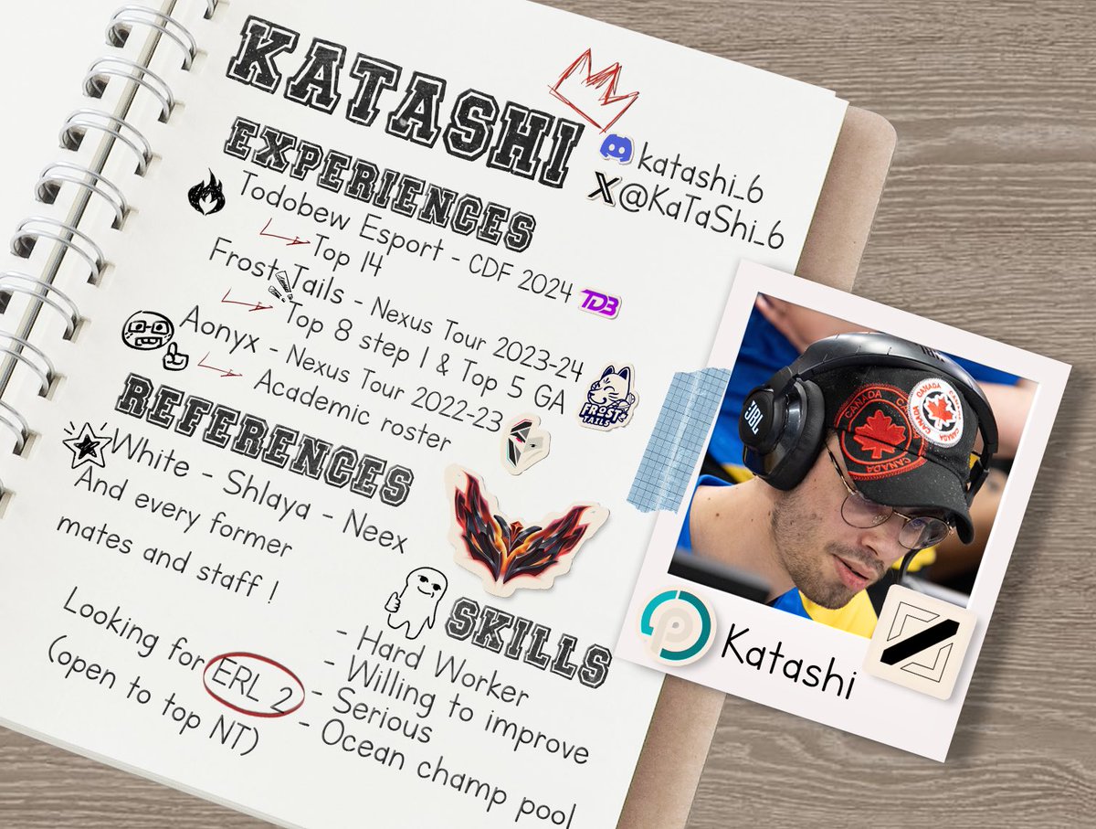Hey ,I am LFT. I am looking for offers .  considering ERL2 + Or  Top NT
U can contact me via DM            lolpros.gg/player/katashi                         Ref : <a href="/whiteakitout/">Aslan</a> ,<a href="/ShLaYa/">ShLaYa 🍥</a> , <a href="/N25X17T/">Neex</a> <a href="/Muscle_loll/">MONSIEUR MUSCLE</a> 
you can dm any of my team mate played with ! Peak 850 Lp
