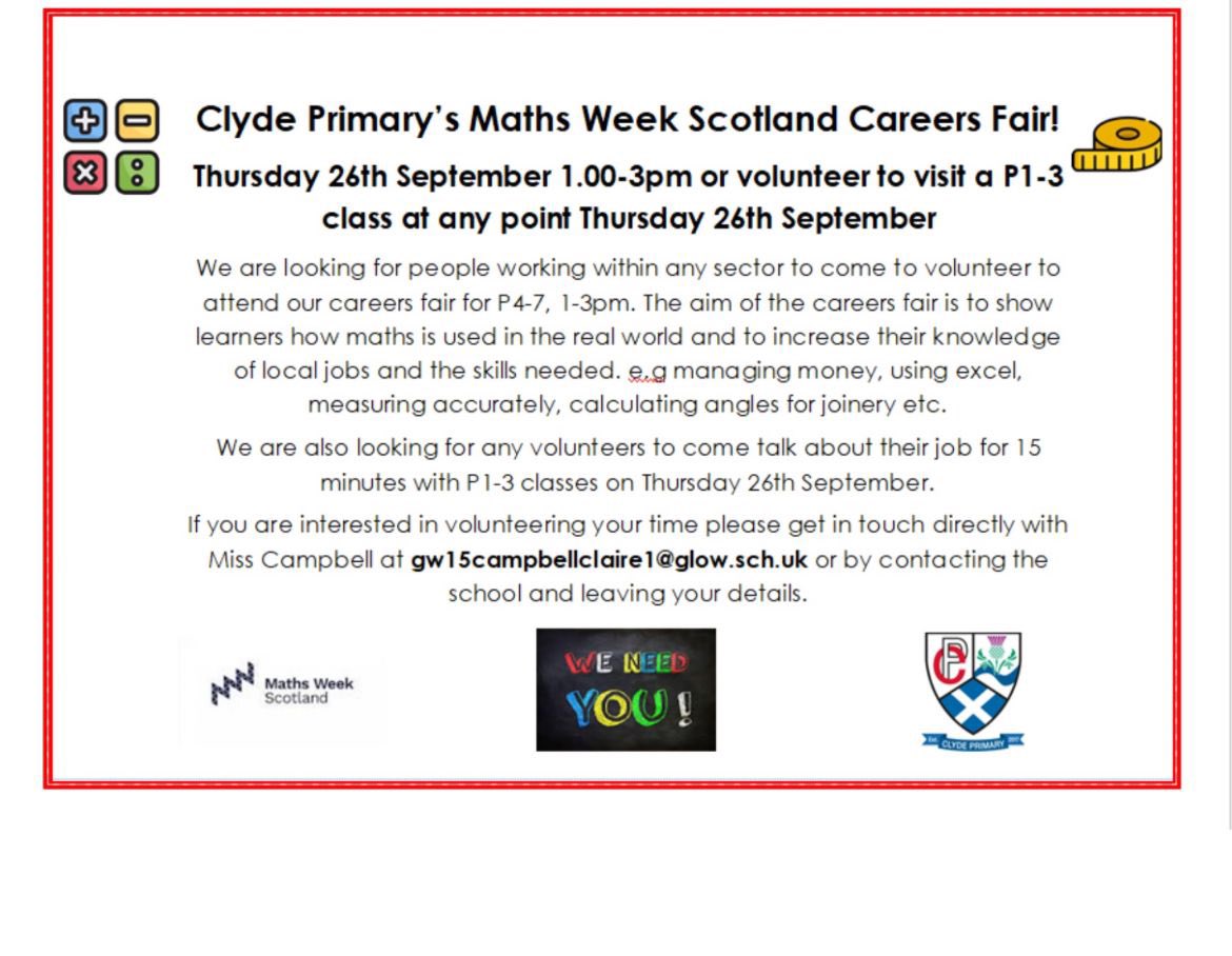 Claire Campbell (@misscedu) on Twitter photo Looking for some additional volunteers for our <a href="/ClydePrimary/">Clyde Primary</a> careers fair for p4-7 on Thursday 26th of September 1-3pm. If anyone would be interested, please get in touch. <a href="/TBF_Glasgow/">Towards Better Futures</a> any recommendations ? TIA #DYWGlasgow Looking for some additional volunteers for our <a href="/ClydePrimary/">Clyde Primary</a> careers fair for p4-7 on Thursday 26th of September 1-3pm. If anyone would be interested, please get in touch. <a href="/TBF_Glasgow/">Towards Better Futures</a> any recommendations ? TIA #DYWGlasgow